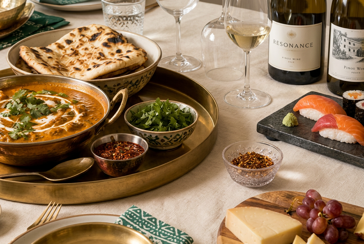 A modern dinner table set with wine, shared dishes, brass serving pieces and emerald block-printed linens