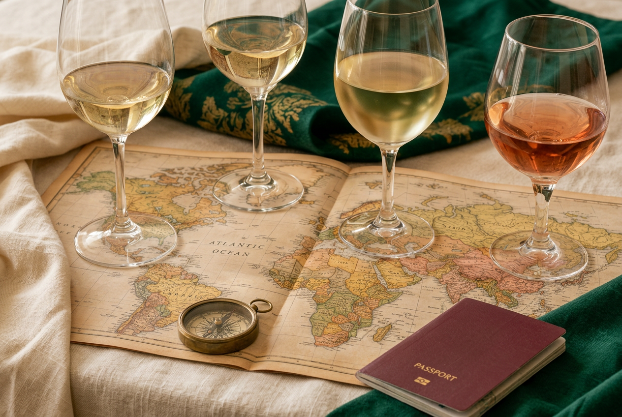 Four wine glasses arranged over a world map beside a compass and passport