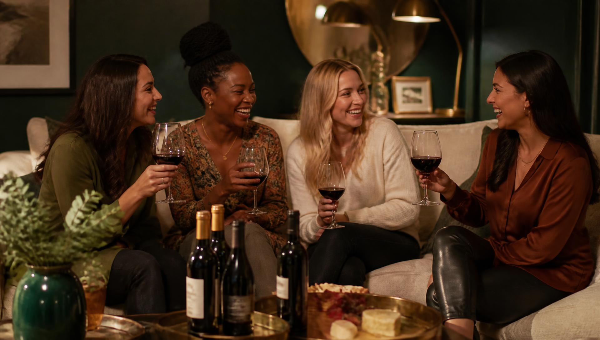 Friends laughing together on a sofa with glasses of red wine during an at-home tasting night